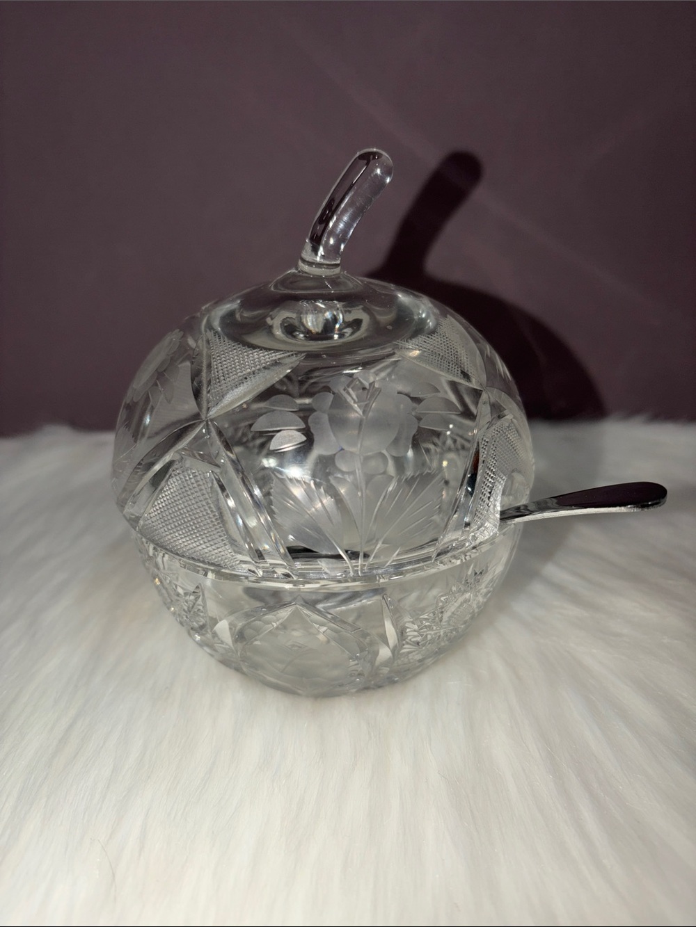Clear Crystal Apple Covered Sugar Bowl with Spoon